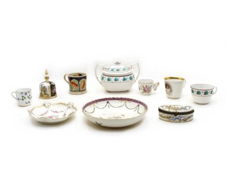 A collection of Dresden porcelain, to include a set of four cups and saucers with floral decoration, a Sevres style trinket b