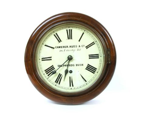 A mahogany wall clock, late 19th century, the enamel dial inscribed 'Camerer, Kuss &amp; Co, 186 Uxbridge Road, Shepherds Bus