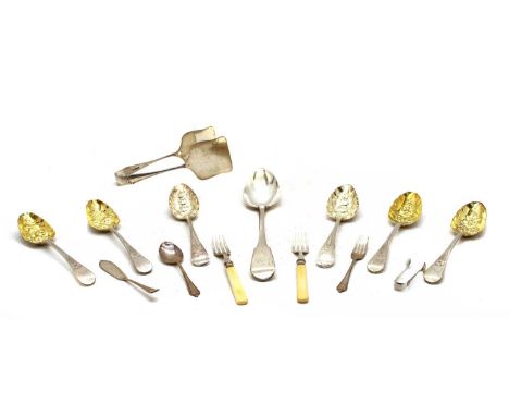 A collection of silver flatware to include a Georgian basting spoon, London 1814, three pairs of berry spoons and similar, ap