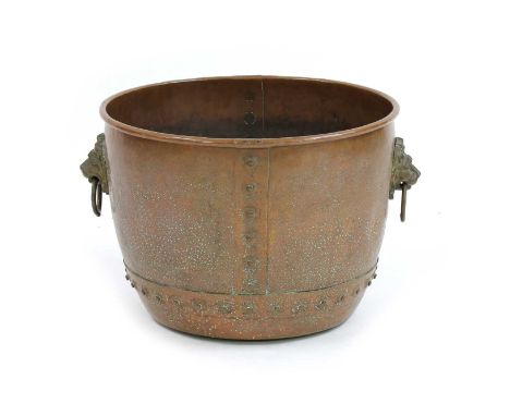 A copper copper, 19th century, by Edward Villers Wilkes of Birmingham, with lion mask ring handles and riveted detail, stampe