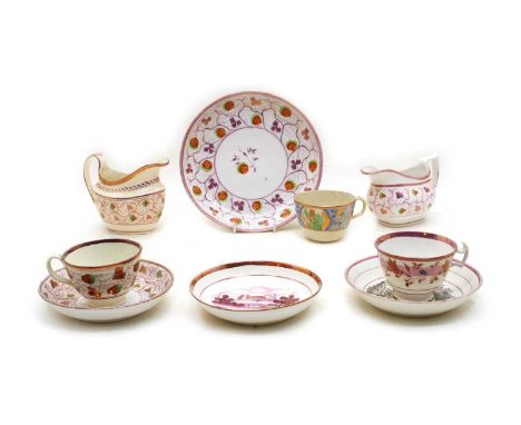 A collection of early 19th century Sunderland lustre teaware, to include a large sugar bowl, 15.5cm diameter, approximately s