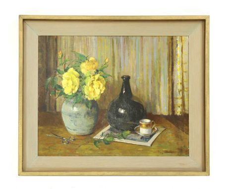 Mary Remington (1910-2004)'The Yellow Roses'signed l.r., oil on board42 x 54cmExhibited: The Mall Galleries, 1981.Condition r