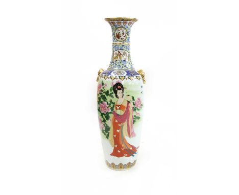 A large modern Chinese baluster vase, decorated with a lady amongst flowers, the reverse with an inscription, below gilt lion