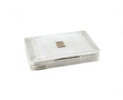 A sterling silver cigarette case, by Edwin Henry Watts, of rectangular form with engine turned decoration, and applied gold m