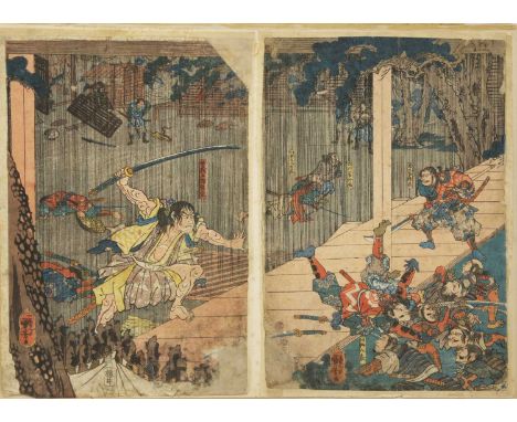 Utagawa Kuniyoshi (Japanese, 1798-1861), a diptych, of a samurai in combat with a group of warriors,each 36.5 x 25cmCondition