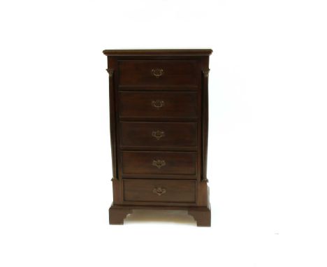A modern hardwood five drawer chest, the moulded rectangular top over five drawers flanked by columns on shaped bracket feet,