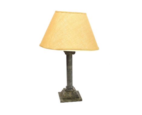 A marble column table lamp, with a stepped plinth, with a woven mounted paper shade, 85cm highCondition report: Fair conditio