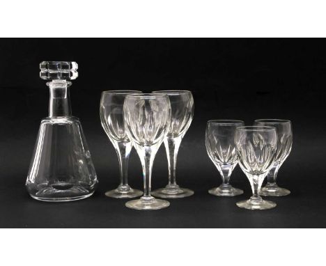 A Baccarat decanter of mallet form, 23.5cm high, together with a set of six Baccarat Handcart style white wine glasses, 18cm 
