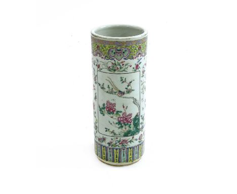 A Chinese porcelain vase or stick stand, late 19th/early 20th century, painted in enamels, the body with panels decorated wit