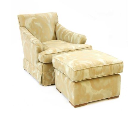 A Howard style armchair and foot stool, 75cm wide, 95cm deep, 83cm high, Seat 43cm, Pouffe 55cm wide, 43cm highCondition repo