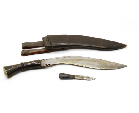 A Gurkha kukri, with a horn handle and leather scabbard, 42cm long, blade 30cmCondition report: Fair condition