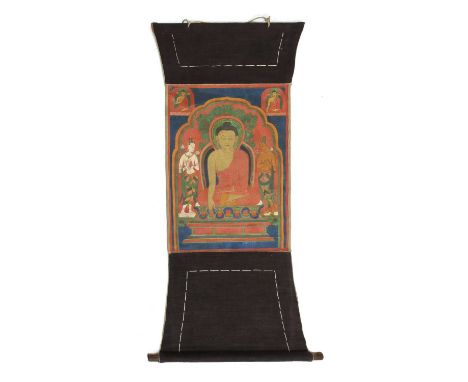 A Tibetan thanka, of Shakyamuni seated on a double lotus pedestal, surrounded by bodhisattvas, picture 49x37cmCondition repor
