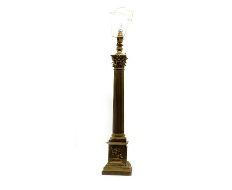  A Napoleon III brass Corinthian column lamp, the acanthus capital above a fluted column and stepped square base, with applie