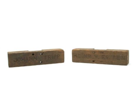 Original WW1 Imperial German army grave markers, for Johann Tripp and Heiner v. Elten from cemetery near Ypres, replaced when