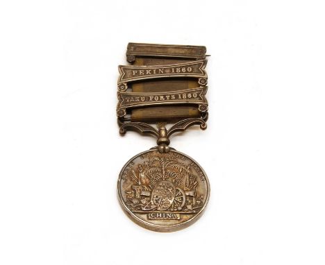 A Second China War medal (1857-1860), with Pekin 1860 and Taku Forts 1860 clasps, un-namedCondition report: The medal with ed