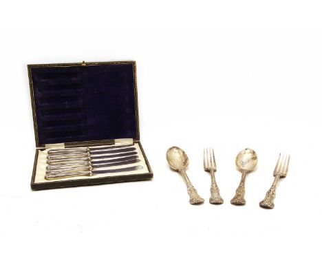 A small collection of Victorian Queens pattern silver flatware, London 1872, together with a cased set of silver handled tea 