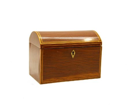 A Regency partridge wood tea caddy, with domed cover and boxwood line and rosewood banded border decoration, ivory escutcheon