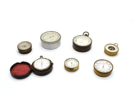Six pocket aneroid barometers and an altimeter, the first by F. Pastorelli, London,the second Rhodesian, by W.H. Blackler, Bu