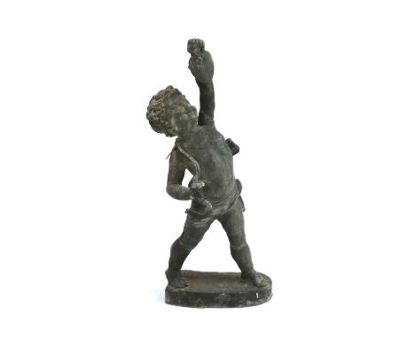 A lead sculpture depicting Cupid, holding aloft a heart in one hand, and bow in the other, damaged, 80cm highCondition report