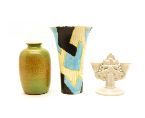 A Beswickware flared vase, in blue, black, yellow with grey latticed panels, printed mark, chip to base, 25.5cm high, a Pilki