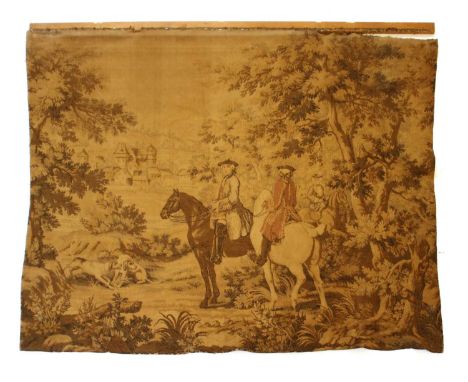 An early 20th century Flemish tapestry depicting huntsmen on horseback, with dogs beside and chateau in the distance, 140cm x
