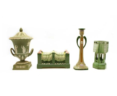 A secessionist deskstand, 23cm wide, a model of a font, and a candlestick, and a Jasperware urn and coverCondition report: mi