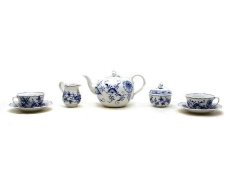 A Meissen blue and white teaset, comprising teapot, milk jug, sugar bowl, six cups and six saucersCondition report: No chips,