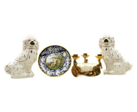 Ceramics, comprising: a Ginori cherub plate, a pair of Staffordshire dogs and an extraordinary Royal Worcester lily bowl. Pla