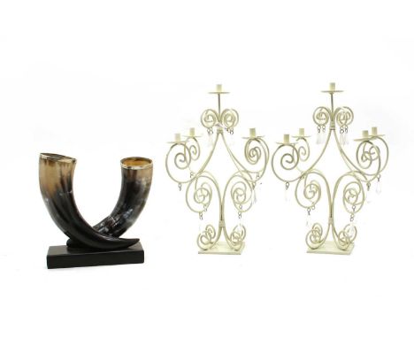 A pair of painted wirework five light table candelabra with glass lustre drops, 33cm high and a double horn vase with white m