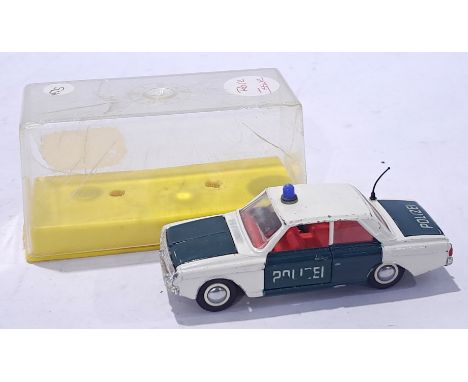 Dinky 261 Ford Taunus "Police" Car - finished in white, green, red interior, blue roof-light, chrome trim and aerial with "Po