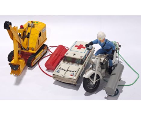 Tinplate, a mixed unboxed group to include a Motorcycle, an Ambulance and a Digger. Untested and unchecked for completion or 