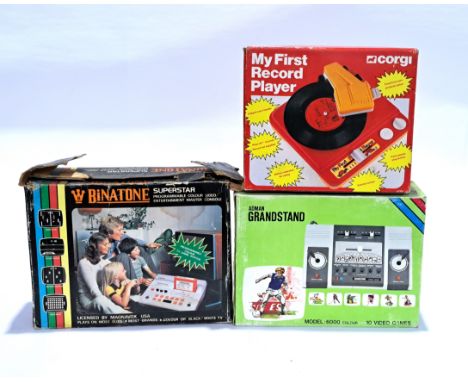 Corgi, Binatone &amp; Adman, boxed console &amp; record player group. Although unchecked for completeness and untested, condi