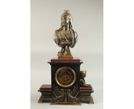 A FINE LATE 19TH CENTURY EGYPTIAN REVIVAL MANTLE CLOCK, attributed to Georges Emile Henri Servant, 61cm high.