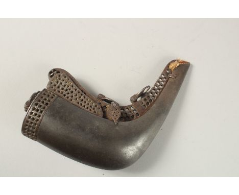 A PERSIAN SAFAVID DAMASCUS STEEL POWDER FLASK, with openworked metal mounts, 15.5cm at widest point.
