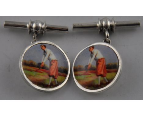A pair of silver chain and bar cufflinks decorated with vintage golfers