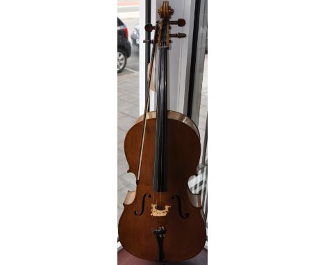 An early 20th Century Saxon cello with 75cm 2 piece back, unlabelled together with a bow