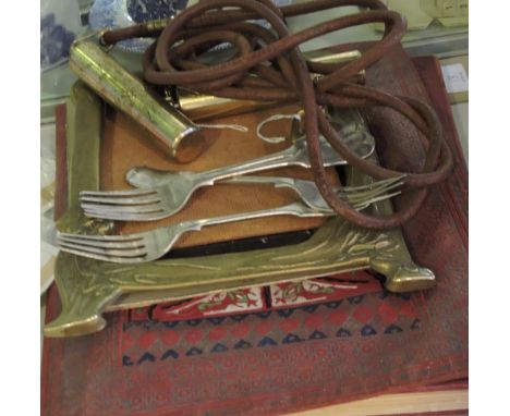An Art Nouveau style brass photograph frame, H 25cm, together with an etching, four forks skipping rope and a Royal commemora