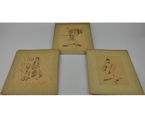 A mid 19th century French comical sketch, pen and ink, 19 x 13cm, together with two further similar images