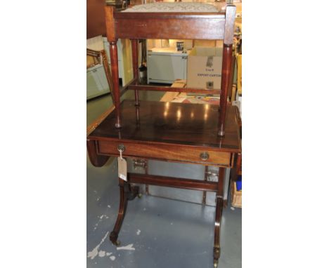 A small reproduction mahogany single drawer sofa table on splay legs, W 68cm, together with an earlier mahogany piano stool.