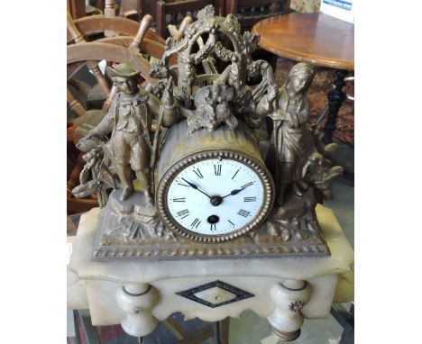 A spelter and white marble mantle Clock with a white enamel dial, set out in Roman numerals and flanked by a hunter and sheph