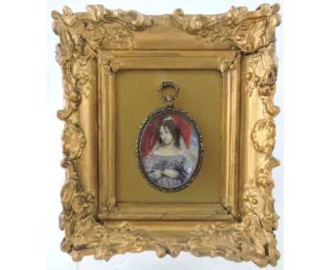 A mid 19th century oval portrait miniature, an elegant lady with ringlet hair wearing a white mantilla and a purple dress, H.