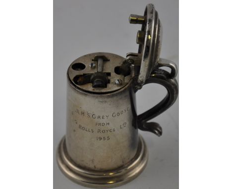 A 1950s silver plated Dunhill tankard or Bumper table lighter, with presentation inscription HMS Grey Goose from Rolls Royce 