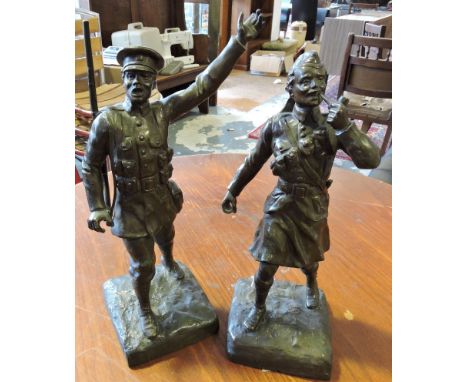 After F Kinsburger, an early 20th century spelter figure of happy Highland soldier, smoking a pipe, H. 33cm, together with an