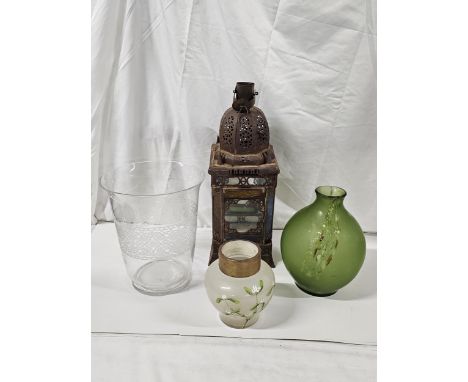 A Moroccan pierced brass lantern along with an art glass vase and painted mistletoe milk glass vase and a lace design vase. H