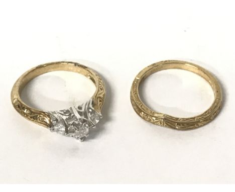 9ct gold rings- 3 stone diamond ring (size M, 2.9g) and wedding band (size M, 1.8g) Postage category A