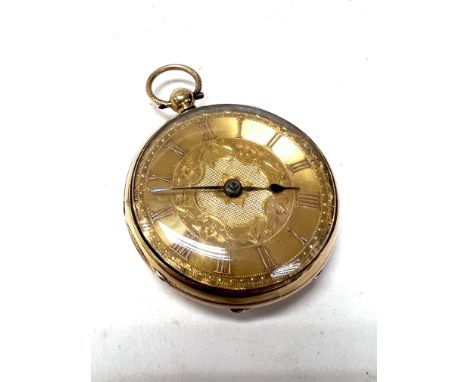 A pretty engraved open dial 18ct gold key wind pocket watch, some wear to crosshatch engraved design on the reverse of the ca