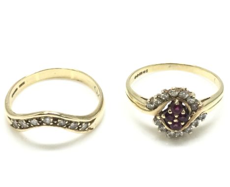 Two 9ct gold rings including a Diamond and Ruby cluster ring (2.2g) &amp; an Eternity ring (1.9g) (A)