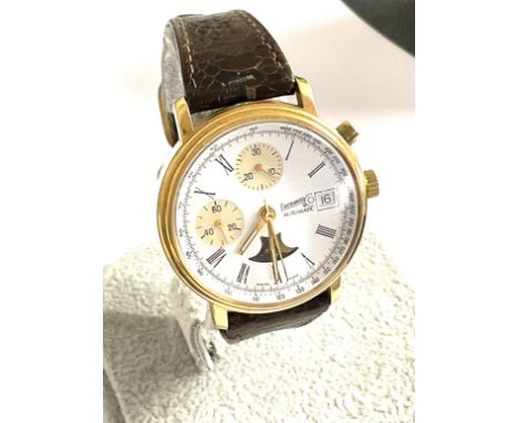 Eberhard &amp; Co. A gold plated automatic calendar chronograph wristwatch with moon phase apature, 1987 anniversary edition,