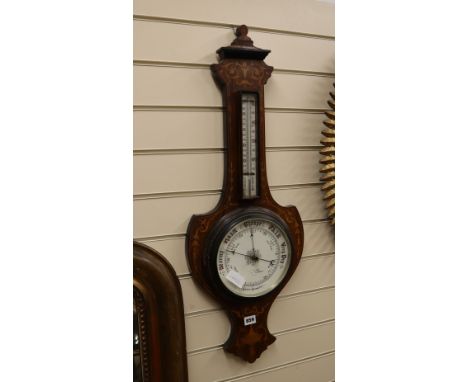 A late Victorian marquetry inlaid barometer /thermometer H.84cm