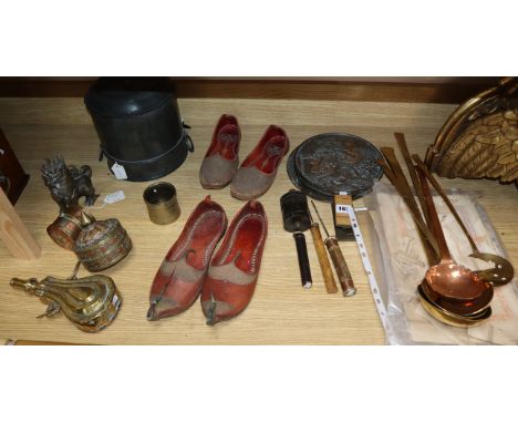 A brass flask, Turkish slippers, a brass pot, a Chinese food container, a brass spoons, Chinese mirrors etc.